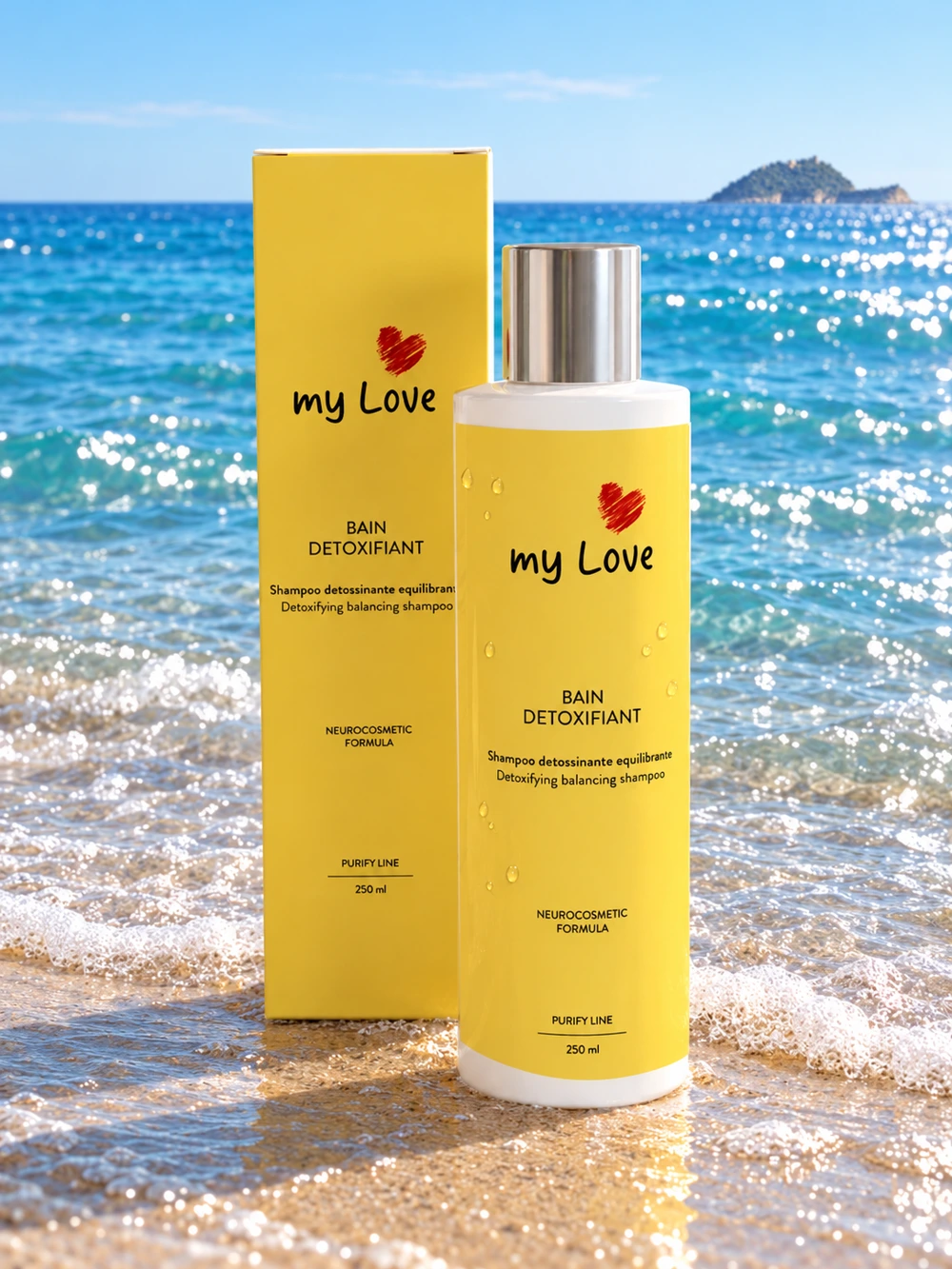 myLove Bain Détoxifiant con confezione originale con il mare di Alassio e la Gallinara sullo sfondo