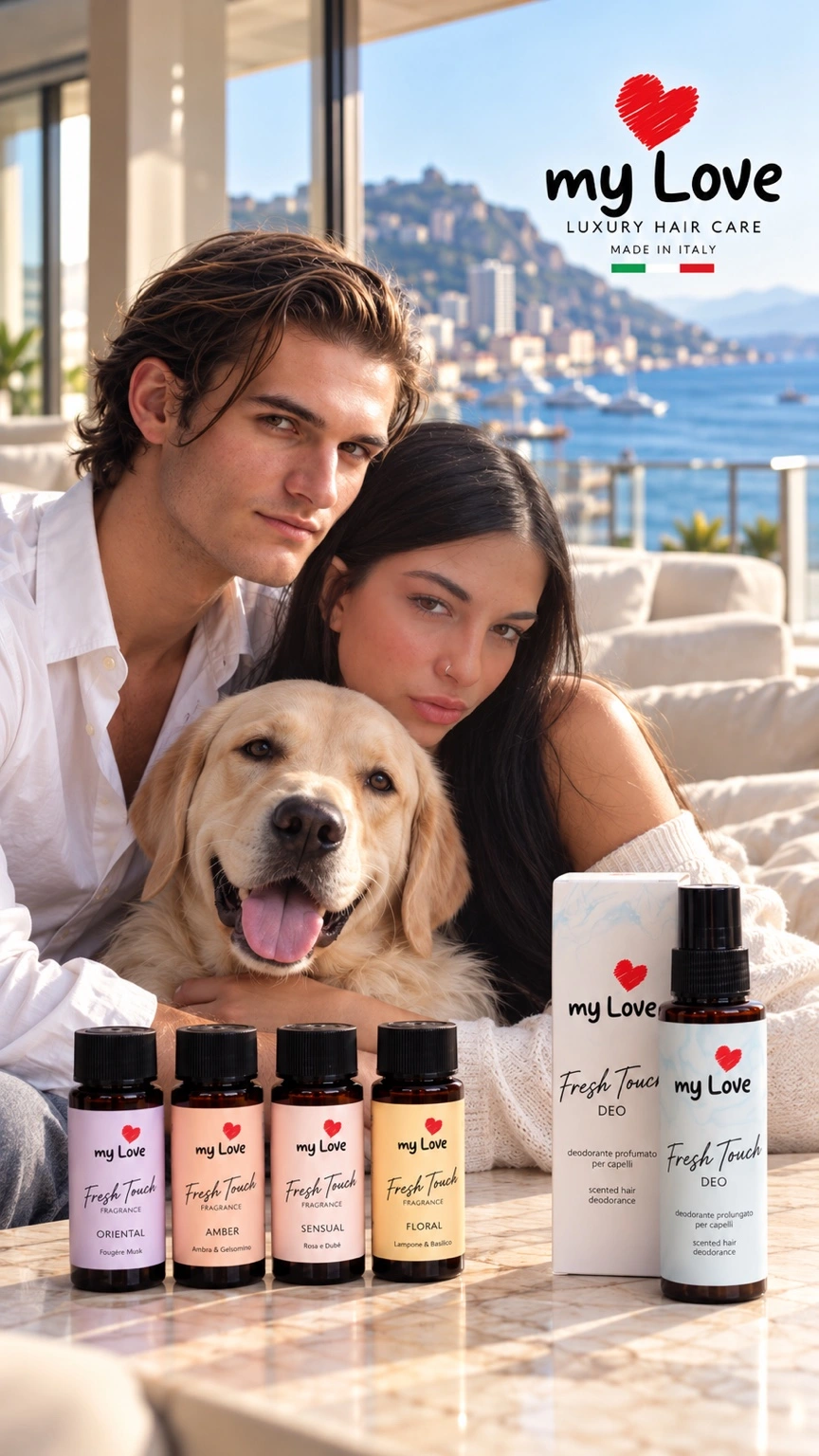 Una coppia con un golden retriever e i prodotti myLove Fresh Touch