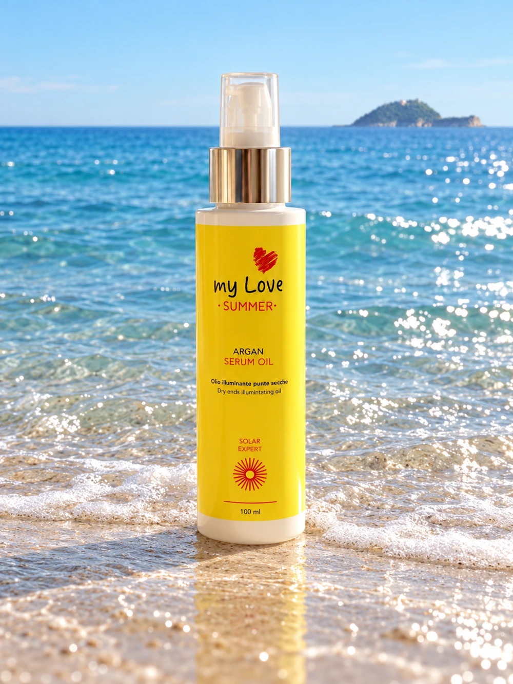 myLove Argan Serum Oil, confezione originale con il mare di Alassio e la Gallinara sullo sfondo