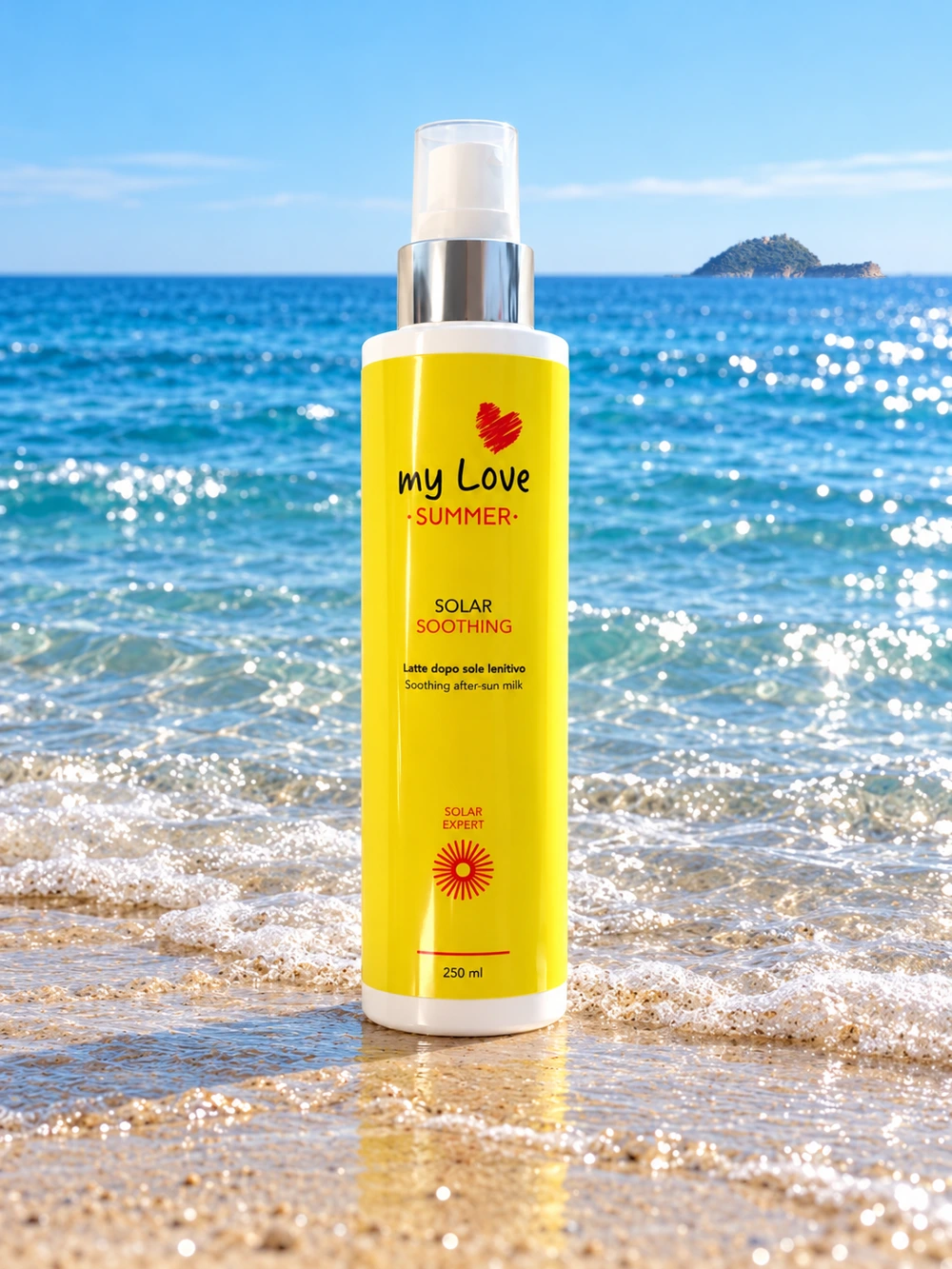 myLove Solar Soothing, confezione originale con il mare di Alassio e la Gallinara sullo sfondo