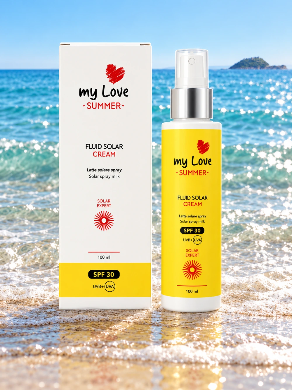 myLove Fluid Solar Cream SPF 30, confezione originale con il mare di Alassio e la Gallinara sullo sfondo