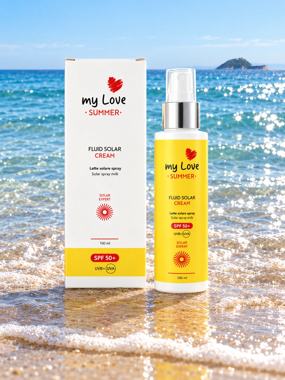 myLove Fluid Solar Cream SPF 50+, confezione originale con il mare di Alassio e la Gallinara sullo sfondo